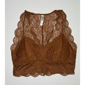Zenana Lace Bralette Cognac Brown Racerback Padded High Neck Scalloped Trim L